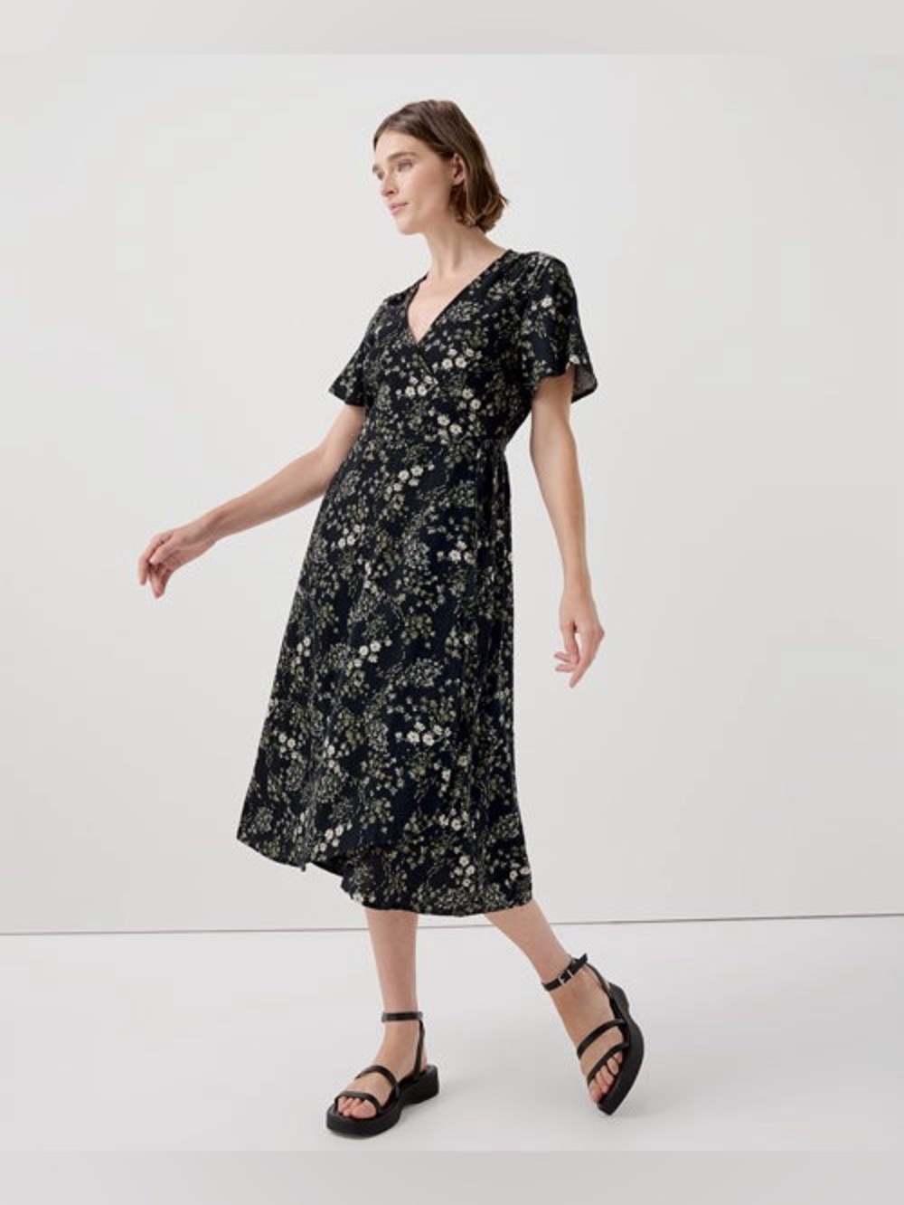 Pact Organic Cotton Cafe Crepe Wrap Dress Floral Earth Friendly Midi Length Sz M